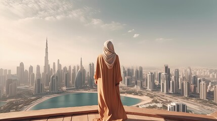 Fototapeta na wymiar A Muslim Woman's Glimpse Dubai's Skyline, generative ai