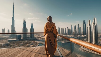 Fototapeta na wymiar A Muslim Woman's Glimpse Dubai's Skyline, generative ai