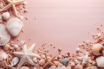 Summer Holiday Bliss: Beach Accessories on Pink Wooden Banner. Seashells, Starfish, Beach Sands, and Coral. Wide Top-View Shot with Ample Copy Space. AI Generated.