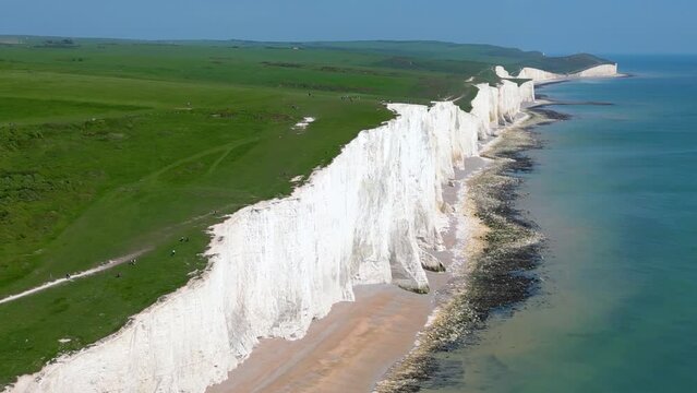 Beautiful aerial view over the famous, white cliffs of The Seven Sisters near Dover, south coast of England. East Sussex