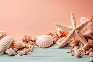 Fototapeta na wymiar summer holiday banner, beach accessories at pink wooden. seashell, starfish, beach sands and coral. AI Generated.