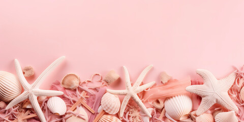 summer holiday banner, beach accessories at pink wooden. seashell, starfish, beach sands and coral. AI Generated.
