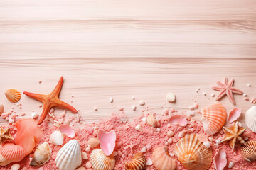 summer holiday banner, beach accessories at pink wooden. seashell, starfish, beach sands and coral. AI Generated.