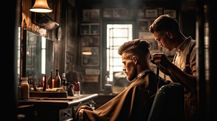 Young handsome barber making haircut for attractive bearded man at barbershop, generative ai