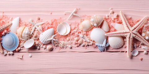 Summer Holiday Bliss: Beach Accessories on Pink Wooden Banner. Seashells, Starfish, Beach Sands, and Coral. Wide Top-View Shot with Ample Copy Space. AI Generated.