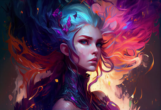 Fantasy women headshot digital painting, generative AI