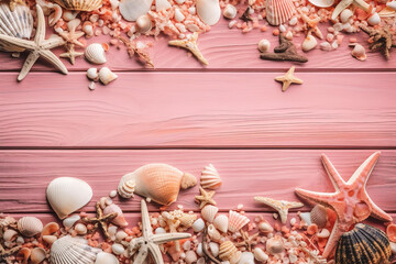 Summer Holiday Bliss: Beach Accessories on Pink Wooden Banner. Seashells, Starfish, Beach Sands, and Coral. Wide Top-View Shot with Ample Copy Space. AI Generated.