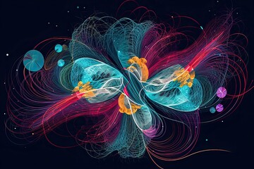 Quantum Nervous Realm. Surreal and abstract view of a quantum world where the neural connections of particles and waves are intertwined with lines. generative ai