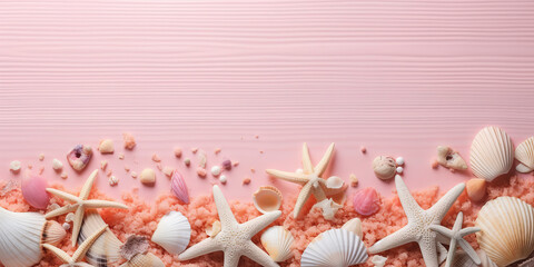 summer holiday banner, beach accessories at pink wooden. seashell, starfish, beach sands and coral. super wide, long shoot, top view with copy space. AI Generated.