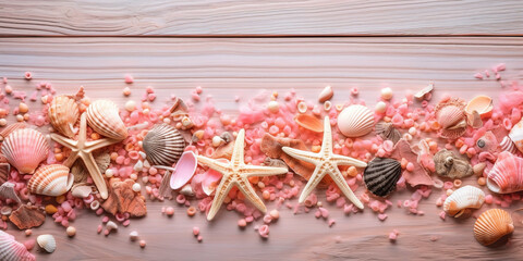 summer holiday banner, beach accessories at pink wooden. seashell, starfish, beach sands and coral. super wide, long shoot, top view with copy space. AI Generated.
