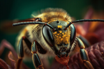 Honey bee on sunflower. Macro close-up view. Generative AI