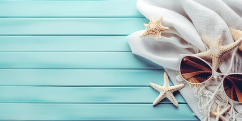summer holiday banner, beach accessories at skyblue wooden, summer holiday banner. top view with copy space. AI Generated.