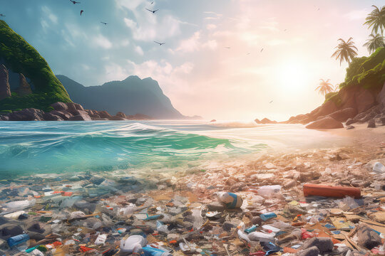 Dump on the shore of a picturesque island. Plastic pollution problem alert