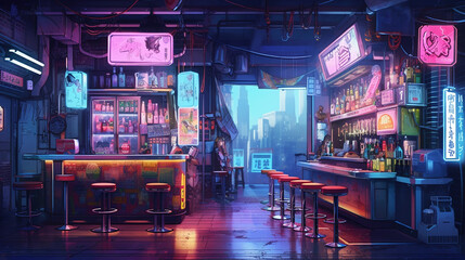 Fototapeta premium Cyberpunk visual novel background. Generative AI