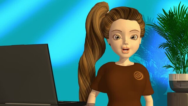 3d animation, one cartoon character speaking and a puppet carring a computer screen on blue background