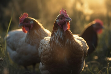 Happy chickens and hens roaming free on farm meadow. Farm animal welfare and care. Generative Ai