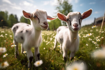 Happy baby goats roaming free on farm meadow. Farm animal welfare and care. Generative Ai