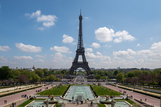 Paris Eiffel Tower and Trocadero garden in Paris, France. Eiffel Tower is one of the most famous landmarks of Paris