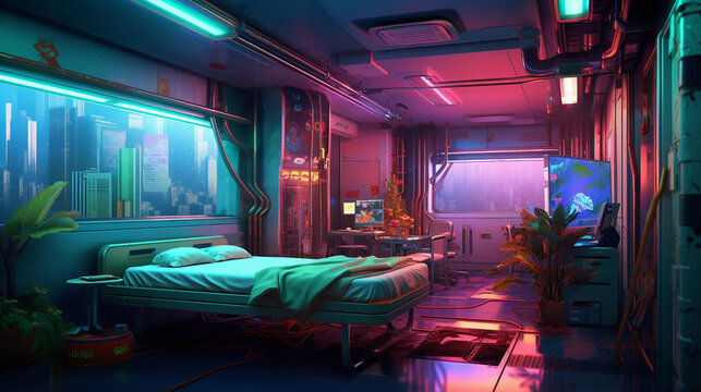 Cyberpunk visual novel background. Generative AI
