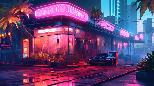 Cyberpunk visual novel background. Generative AI