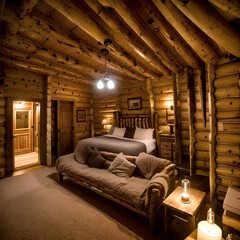 interior of a log cabin - obrazy, fototapety, plakaty