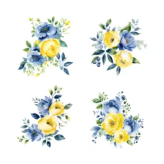 Foto op Canvas Watercolor yellow and blue flowers, vintage vector © Mashaki