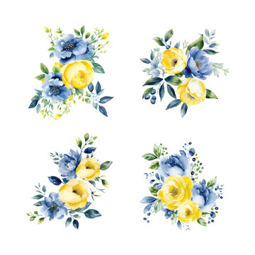 Watercolor yellow and blue flowers, vintage vector