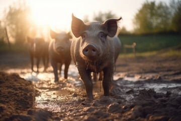 Happy pigs roaming free on farm meadow and mud. Farm animal welfare and care. Generative Ai