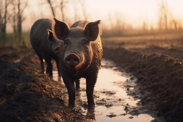 Happy pigs roaming free on farm meadow and mud. Farm animal welfare and care. Generative Ai