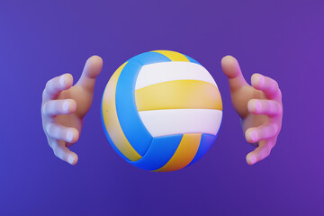 Cartoon hands catching a volleyball on a purple background. 3d rendering illustration