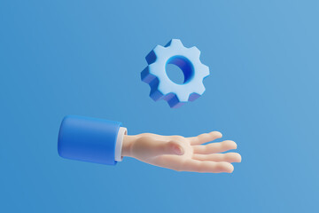Cartoon hand of businessman with gear icon on blue background. 3d render illustration