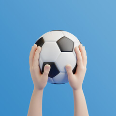 Cartoon hands holding soccer ball on a blue background. 3D rendering illustration