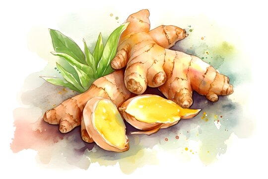 Watercolor painting of ginger root on white background. Generative AI.