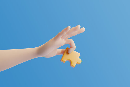 Cartoon hand holding a puzzle piece on a blue background. 3d rendering illustration