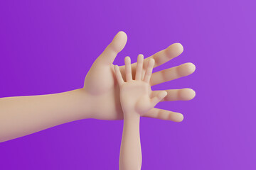 Cartoon hand of mom or dad is holding a small child's hand in his hand on a purple background. 3d render illustration