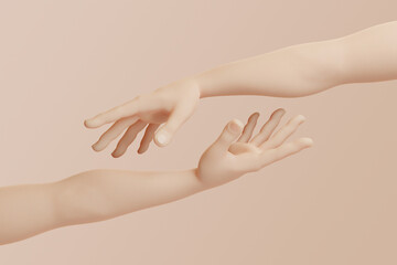 Cartoon hands reaching out to each other on a pastel beige background. 3d rendering illustration