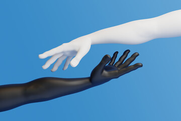 Cartoon hands reaching out to each other on a blue background. 3d rendering illustration