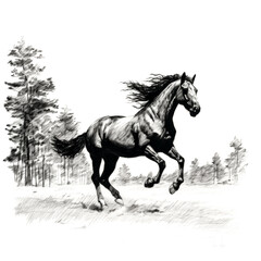 Obraz na płótnie Canvas The black stallion horse was captured running in a sparse en and ink drawing.- generative ai