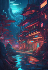 A cyberpunk-style dry river street full of neon lights on a partly cloudy night.