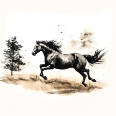 Naklejka na ściany i meble An image of a black horse running was generated using a combination of AI and an ink drawing - generative ai