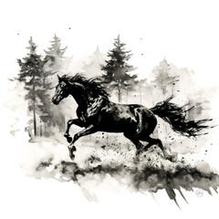A black stalion horse running in a sparse environment was used to create a drawing with ink - generative ai