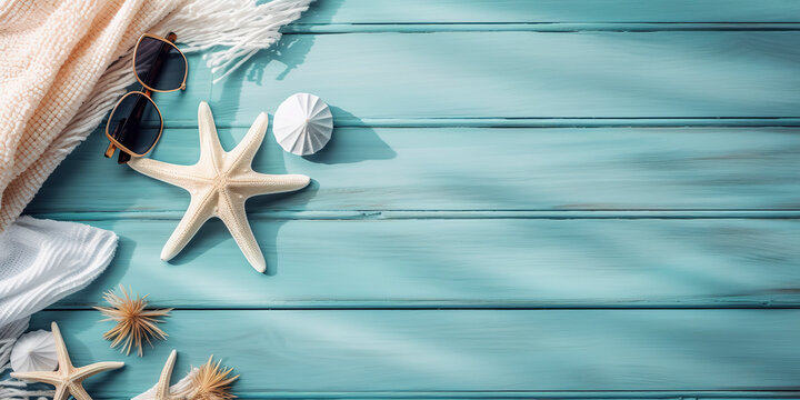 summer holiday banner, beach accessories at skyblue wooden - summer holiday banner. seashell, brown starfish, white towel and sunglass with empty space in the middle. AI Generated.