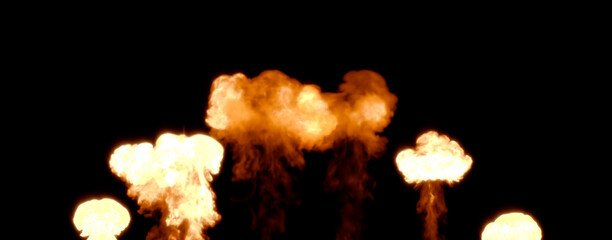 Series of powerful bursts with fire, isolated - object 3D illustration