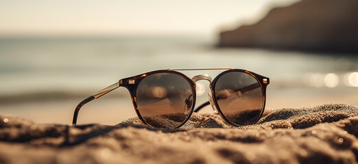 Fototapeta na wymiar Sunglasses on a sandy beach, summer wallpaper. AI Generated.