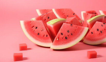Watermelon slices on pink background. AI Generated.