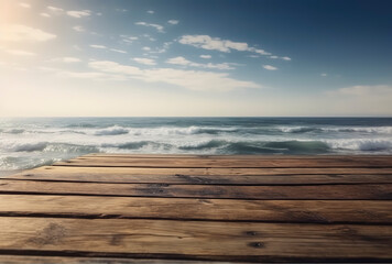 Fototapeta na wymiar Sun-Kissed Shoreline: Minimalist Wooden Table by the Seaside. AI Generated.
