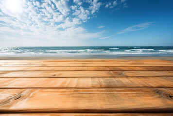 Fototapeta premium Simplicity by the Sea: Minimalist Wooden Table in Sunlight. AI Generated.
