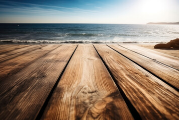 Naklejka na ściany i meble Simplicity by the Sea: Minimalist Wooden Table in Sunlight. AI Generated.