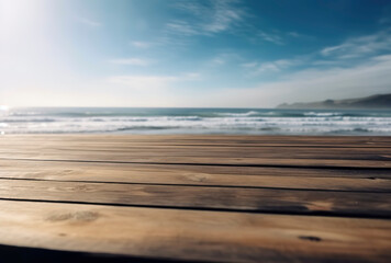 Fototapeta premium Simplicity by the Sea: Minimalist Wooden Table in Sunlight. AI Generated.