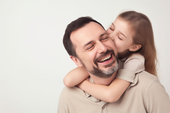 Portrait of a happy father and daughter hugging on a white background. Father's day concept.    Generative ai